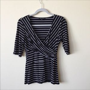 Navy & White Striped V-Neck, Criss-Cross Knit Top - Cable & Gauge Anthropologie
